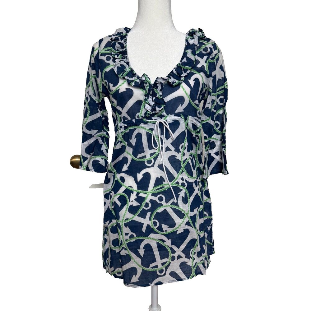 Mud Pie Swim Cover Up Dress Women S Blue Ruffle Anchor Nautical Beach Resortwear